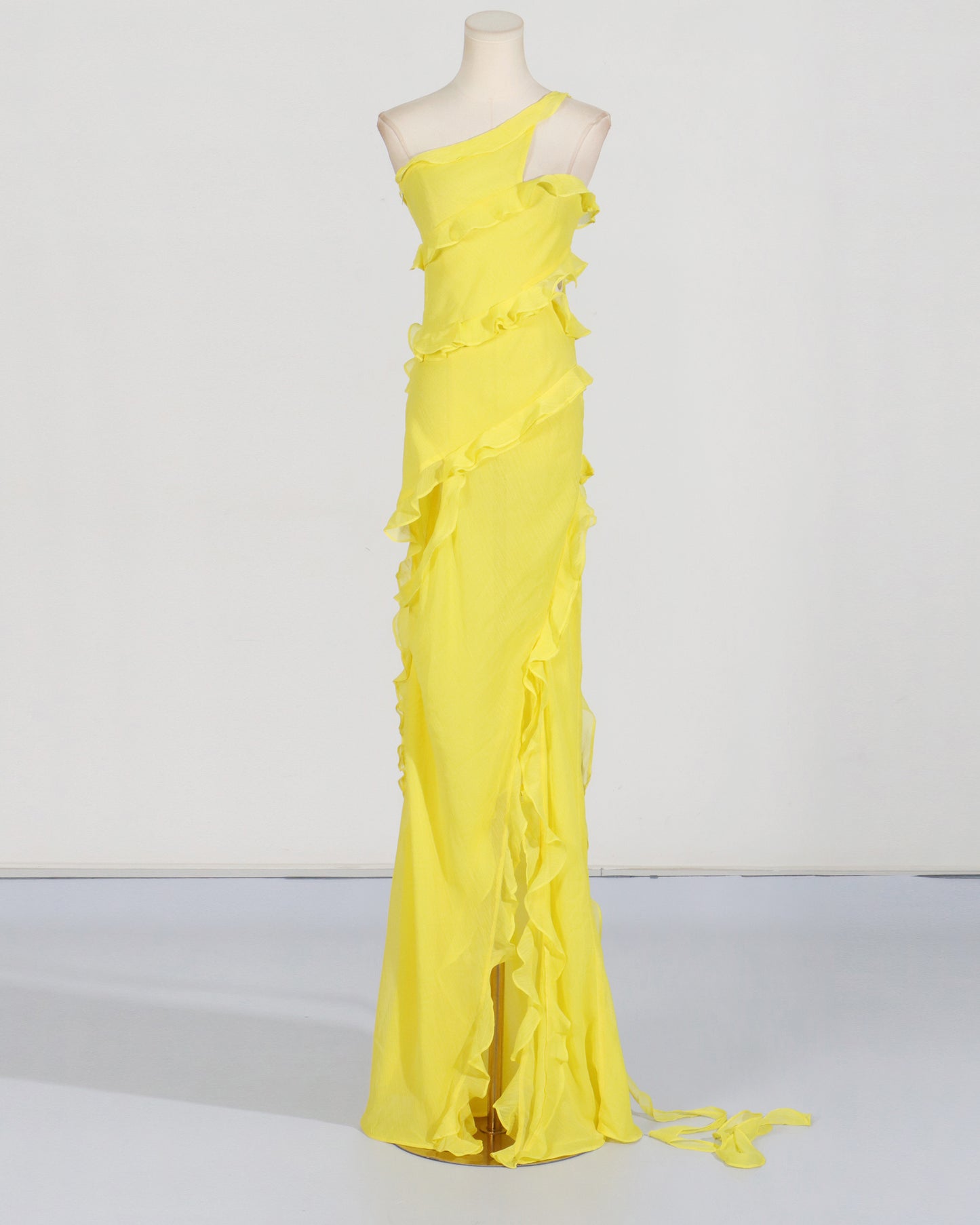 Yellow One-Shoulder Ruffle Gown