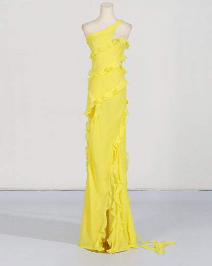Yellow One-Shoulder Ruffle Gown