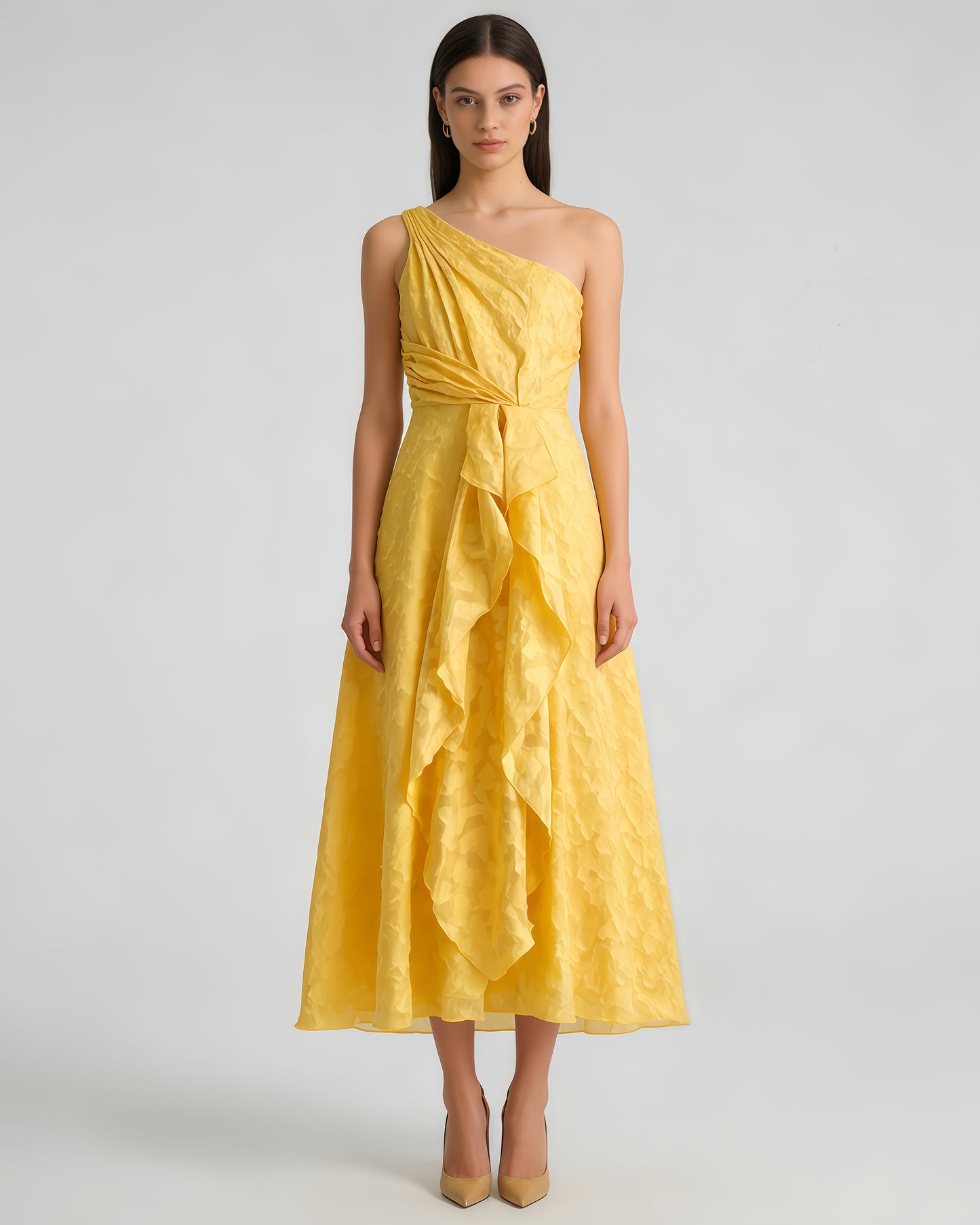 Yellow One-Shoulder Ruffle Midi Dress