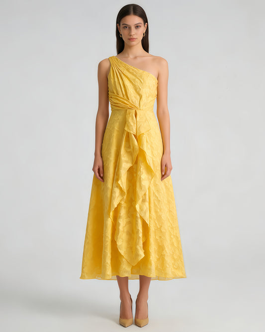 Yellow One-Shoulder Ruffle Midi Dress