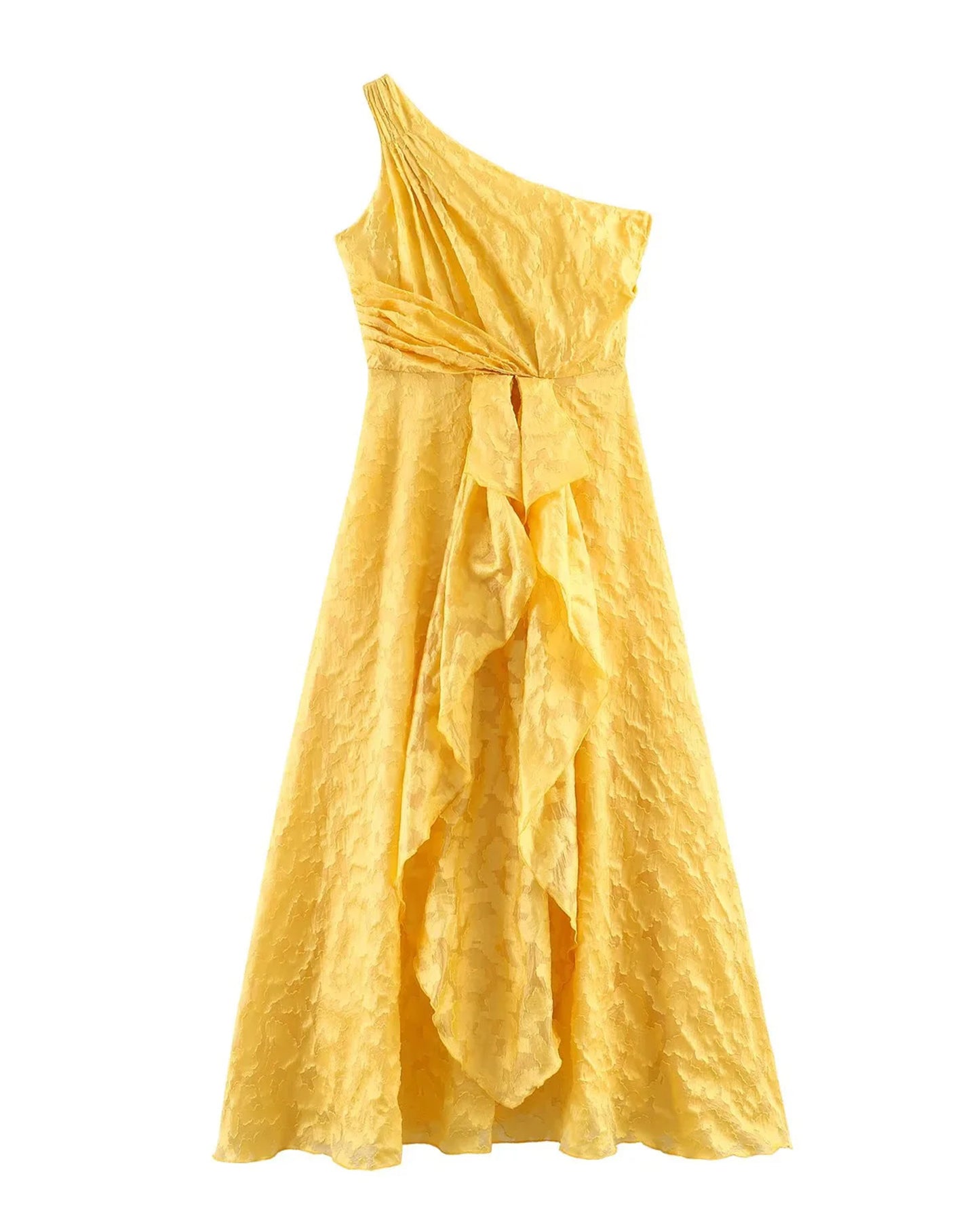 Yellow One-Shoulder Ruffle Midi Dress