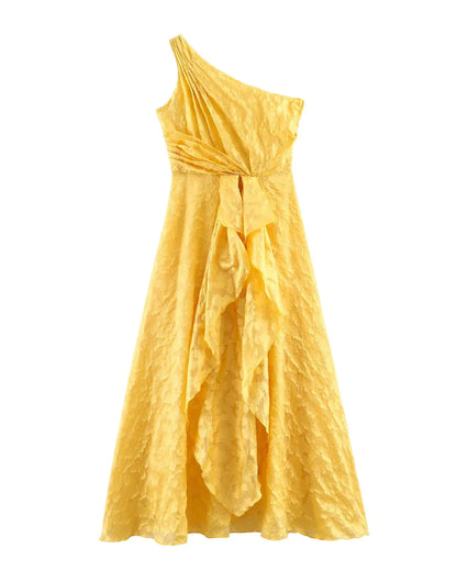 Yellow One-Shoulder Ruffle Midi Dress