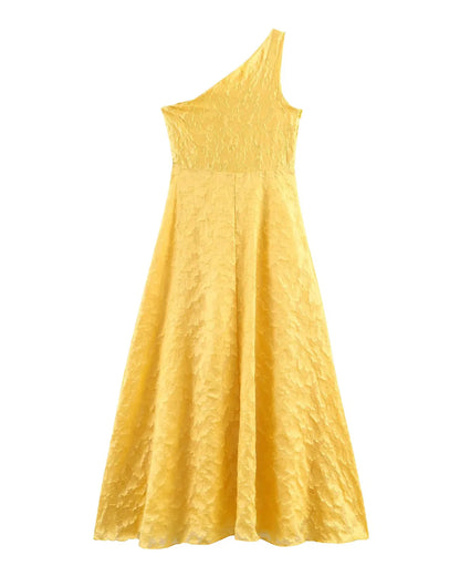 Yellow One-Shoulder Ruffle Midi Dress