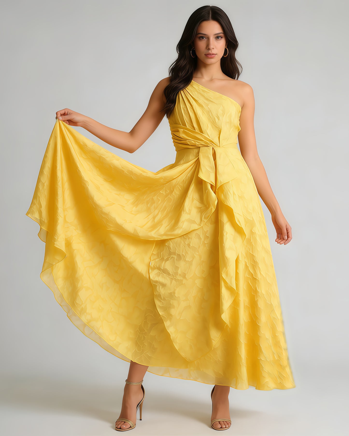 Yellow One-Shoulder Ruffle Midi Dress
