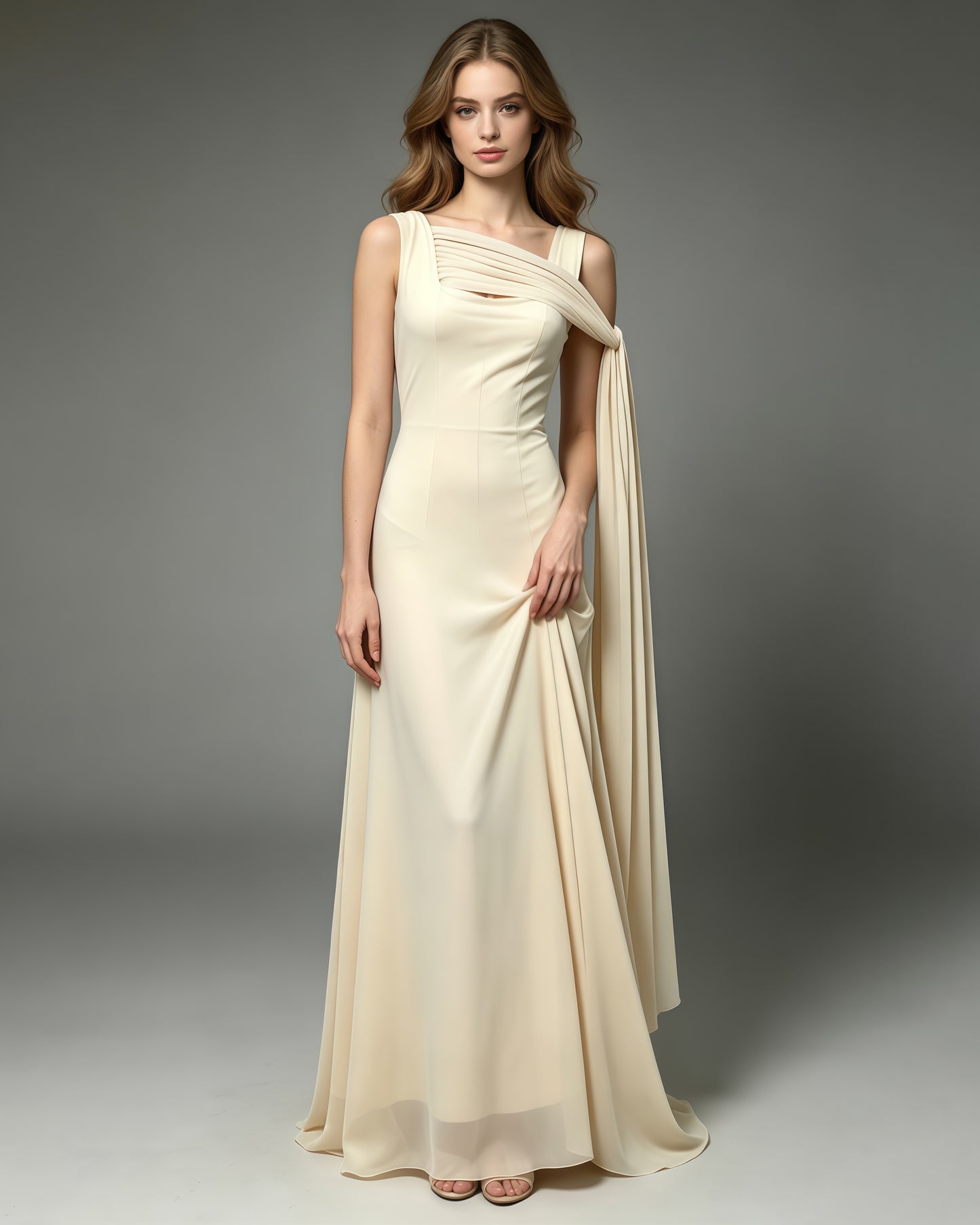 Yellow One Shoulder Draped Mesh Floor Maxi Dress