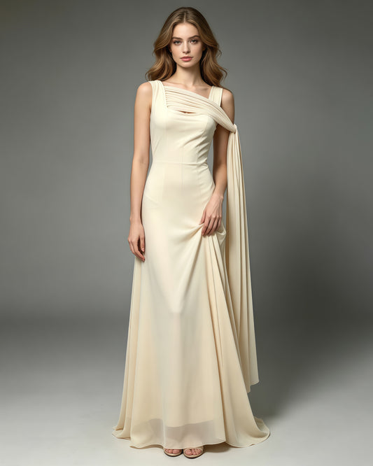 Yellow One Shoulder Draped Mesh Floor Maxi Dress