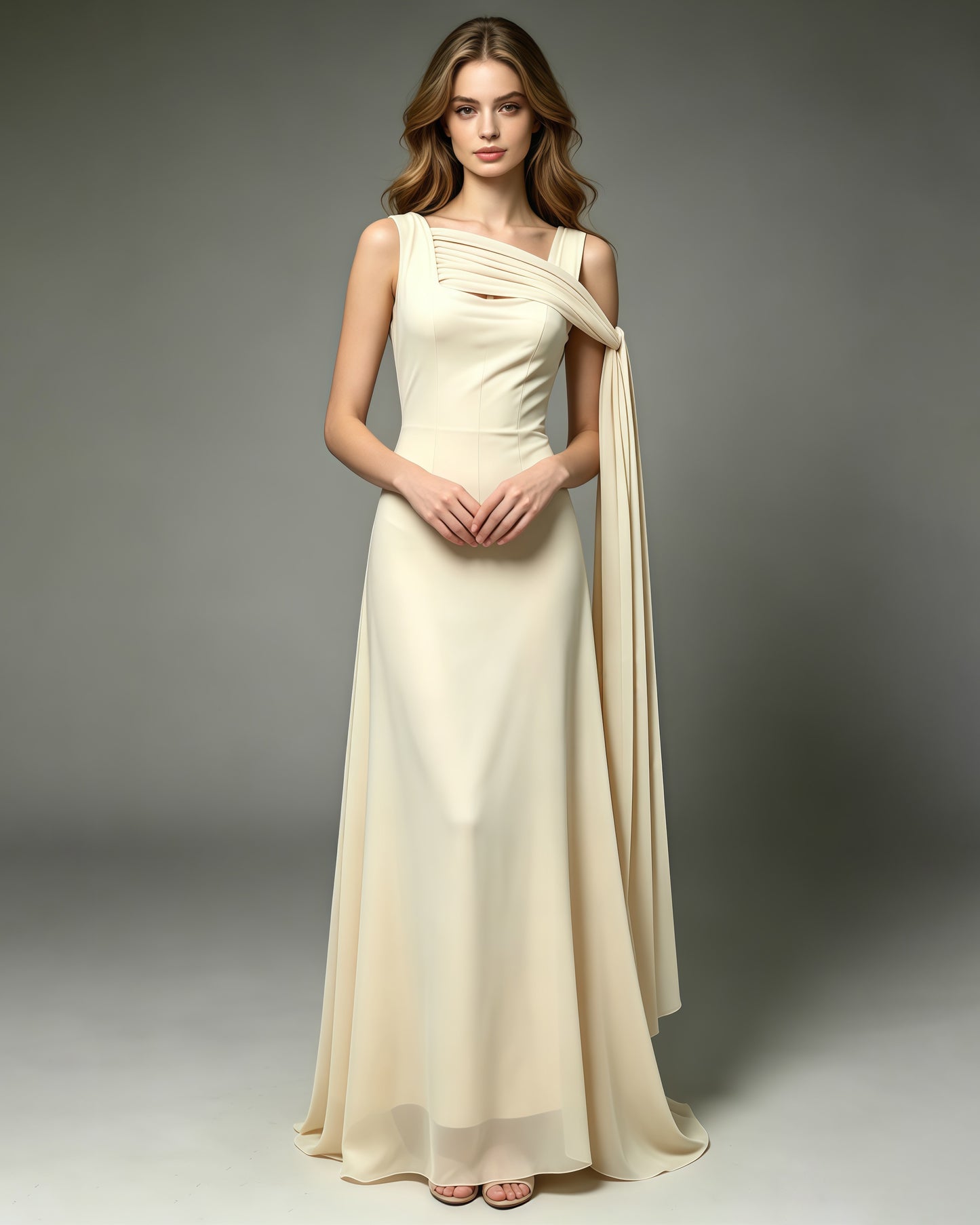 Yellow One Shoulder Draped Mesh Floor Maxi Dress