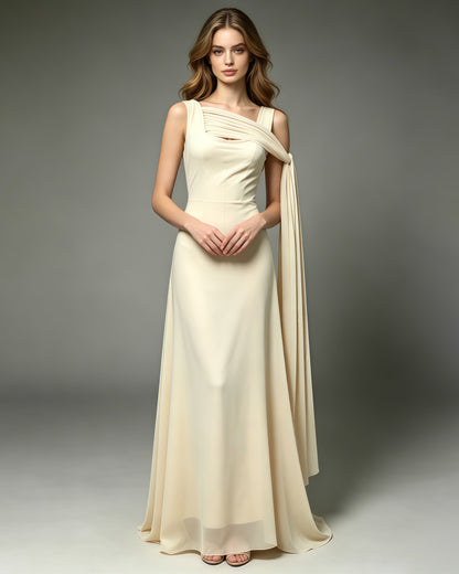 Yellow One Shoulder Draped Mesh Floor Maxi Dress