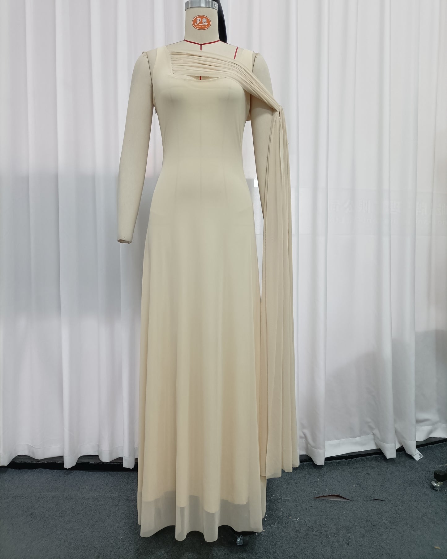 Yellow One Shoulder Draped Mesh Floor Maxi Dress