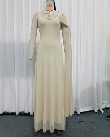Yellow One Shoulder Draped Mesh Floor Maxi Dress