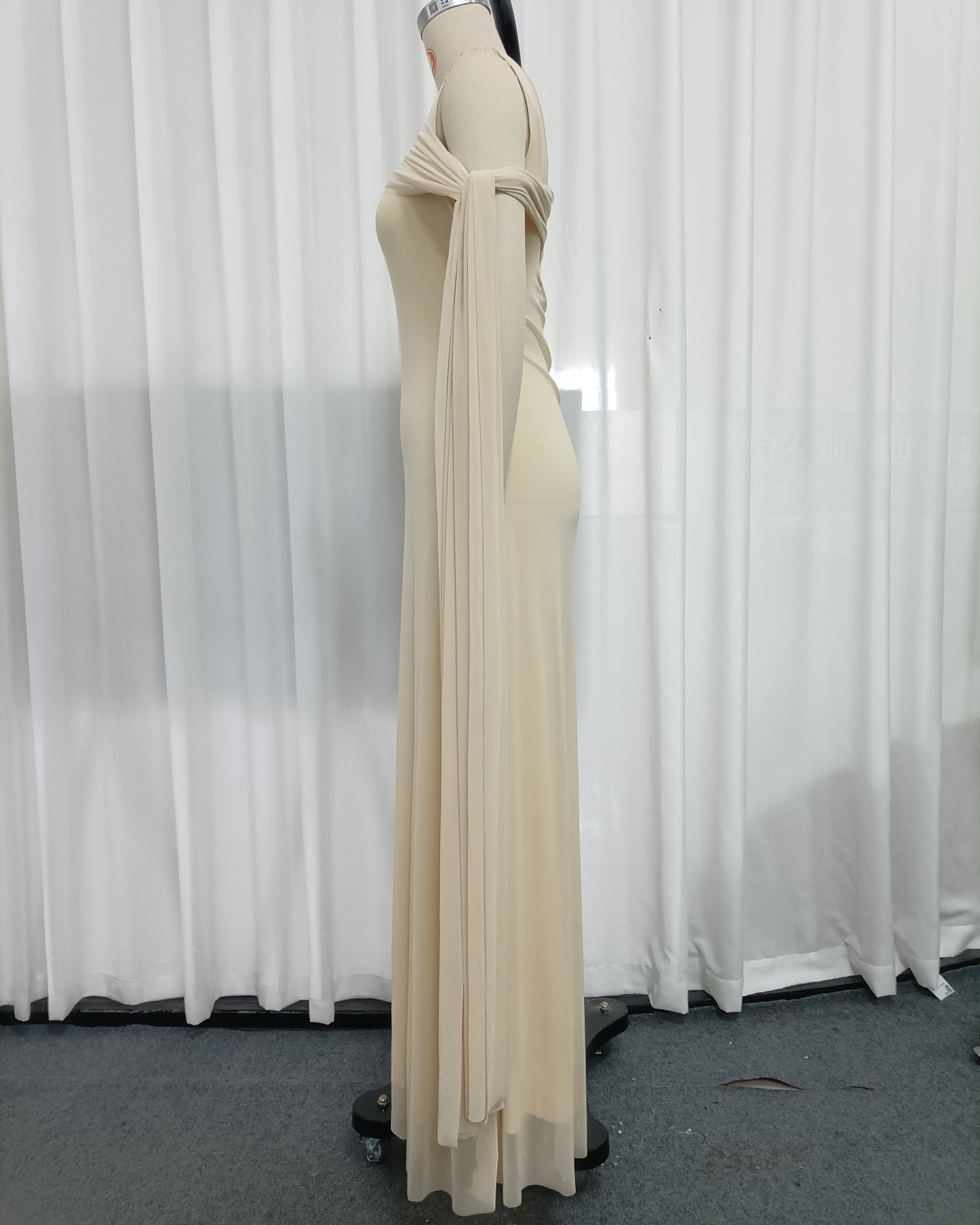 Yellow One Shoulder Draped Mesh Floor Maxi Dress