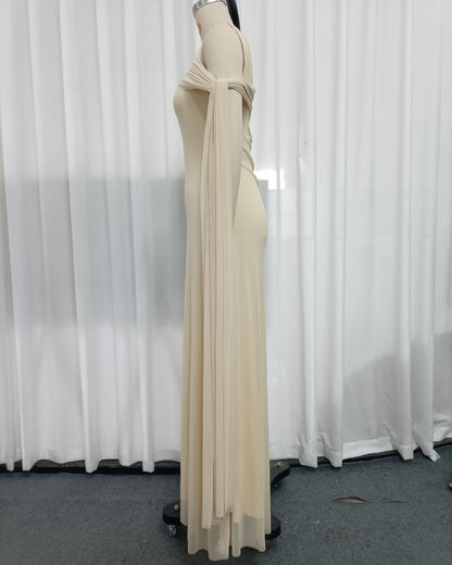 Yellow One Shoulder Draped Mesh Floor Maxi Dress