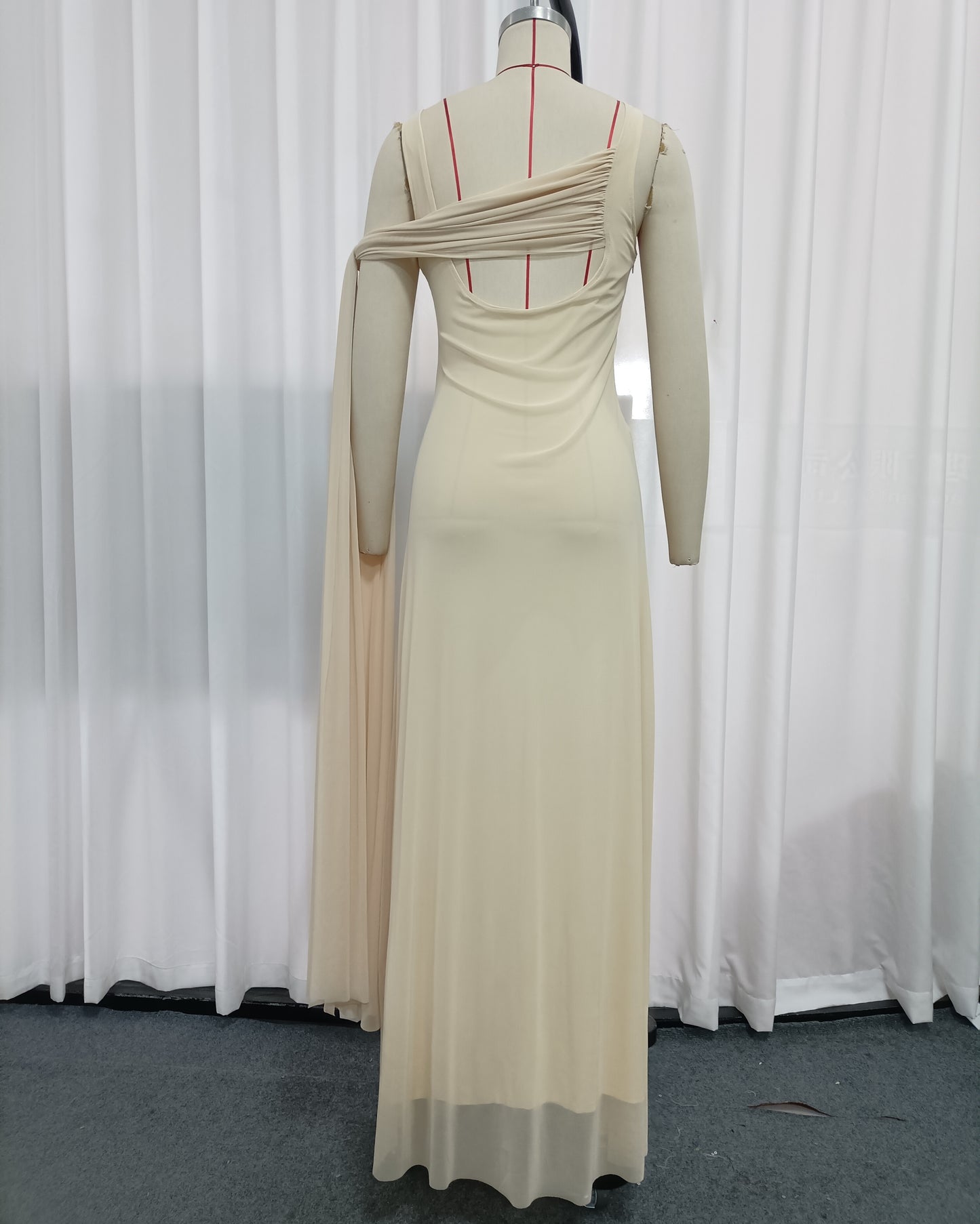 Yellow One Shoulder Draped Mesh Floor Maxi Dress