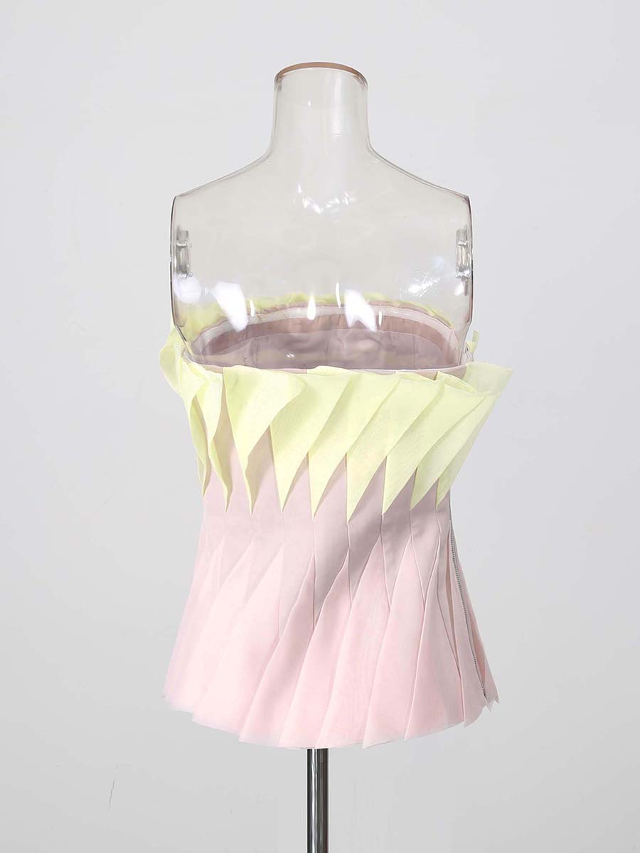 Yellow Pink Leaf Pleat Corset Strapless Top