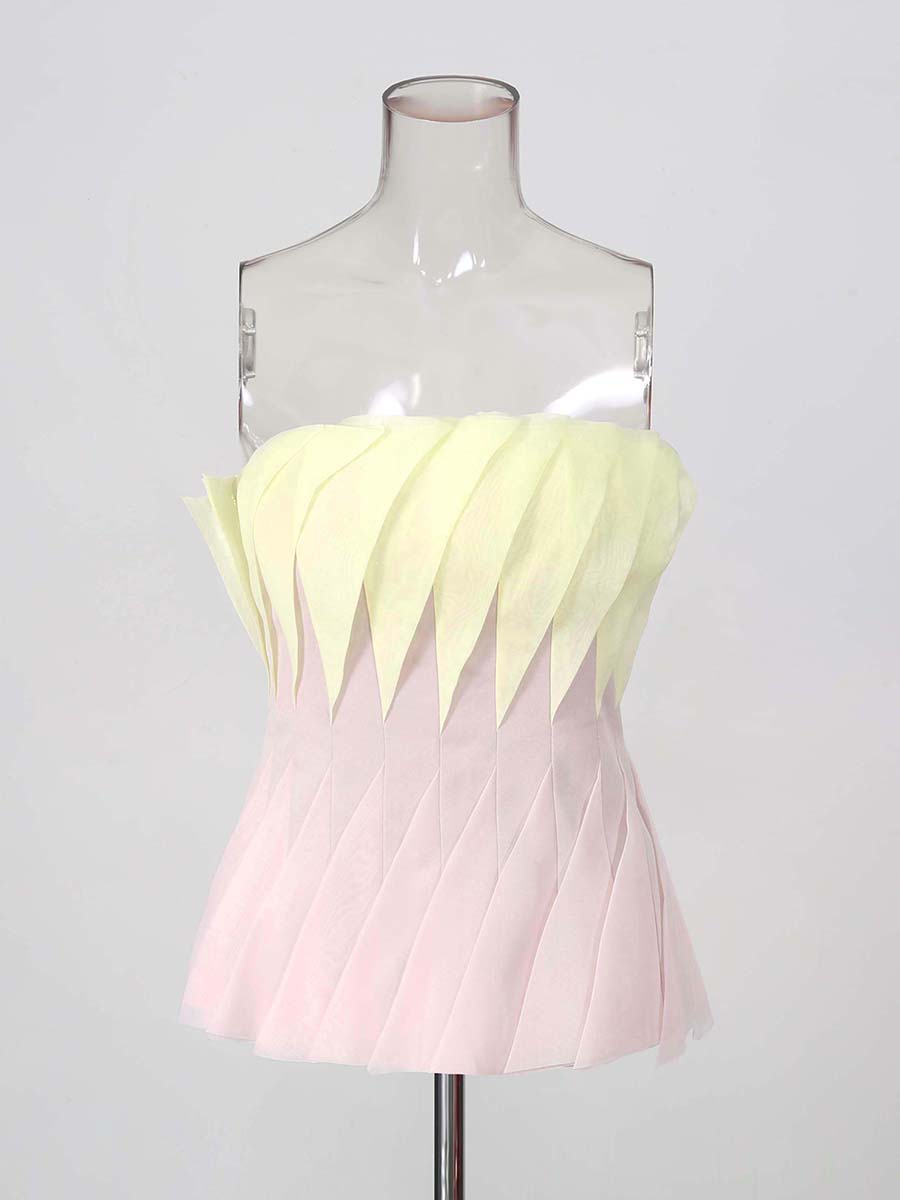 Yellow Pink Leaf Pleat Corset Strapless Top