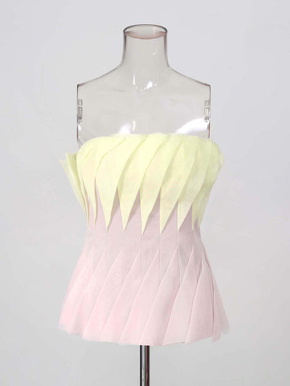 Yellow Pink Leaf Pleat Corset Strapless Top