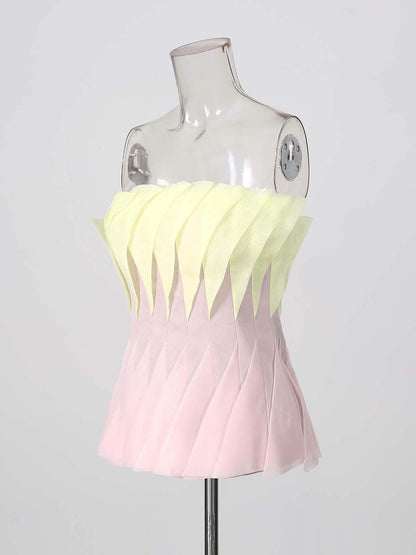 Yellow Pink Leaf Pleat Corset Strapless Top