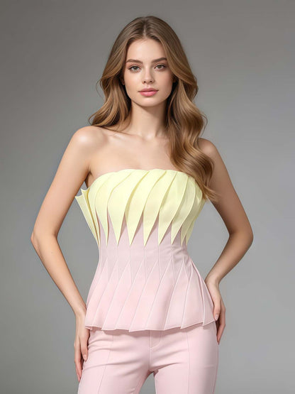 Yellow Pink Leaf Pleat Corset Strapless Top