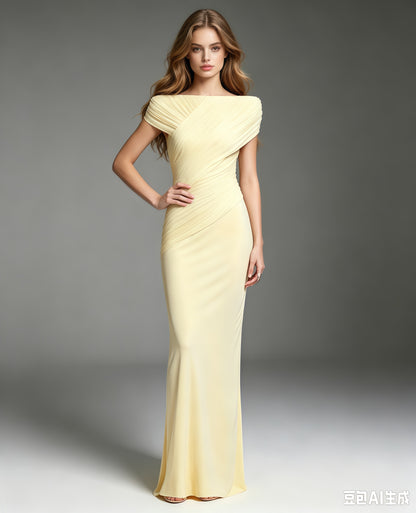 Yellow Pleated One-Shoulder Mermaid Evening Gown