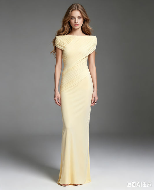 Yellow Pleated One-Shoulder Mermaid Evening Gown