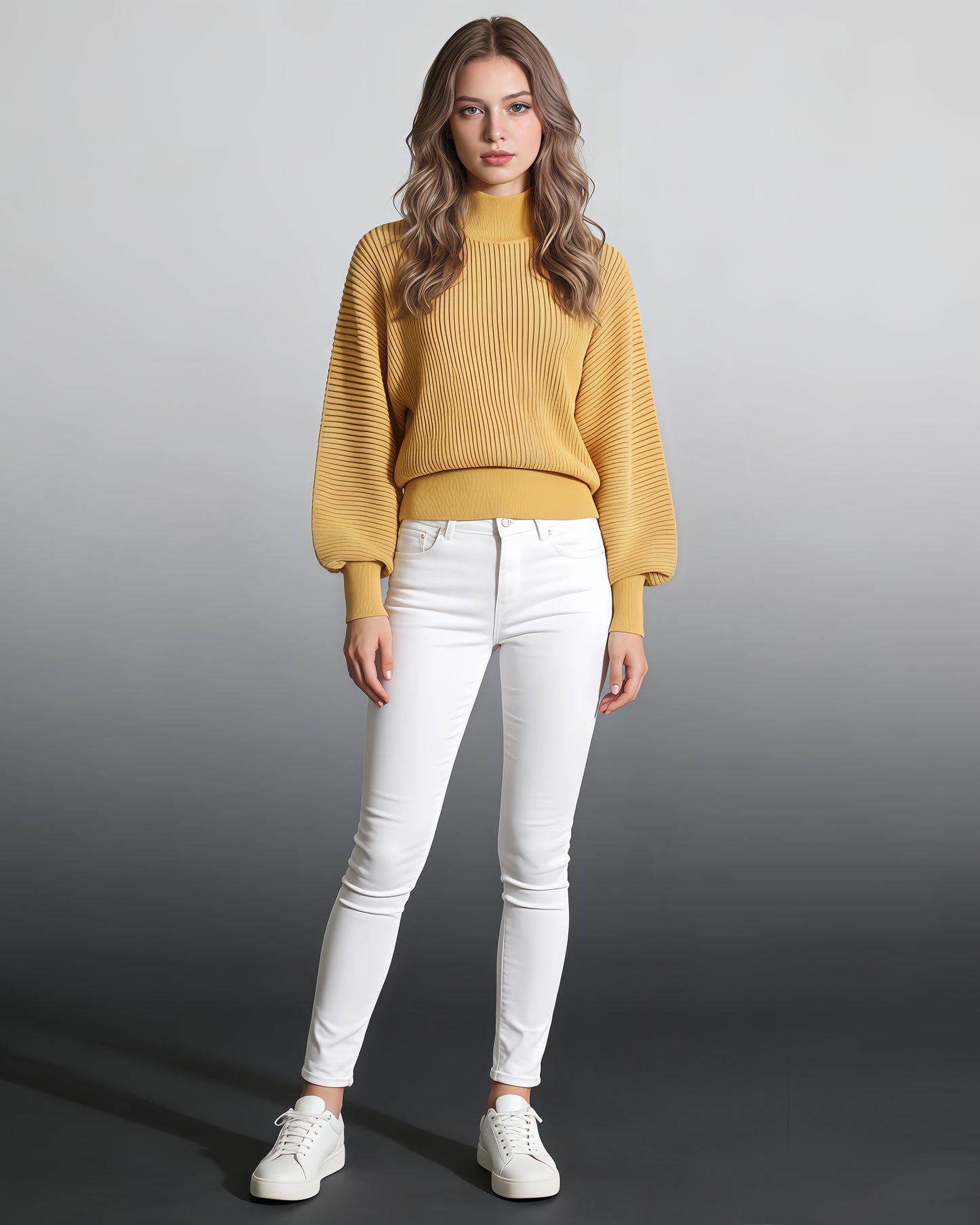 Yellow Ribbed Turtleneck Sweater with Puff Sleeves