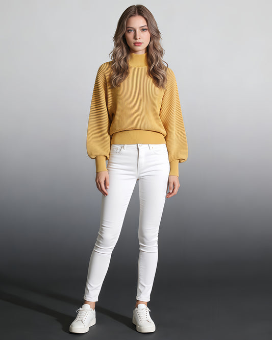 Yellow Ribbed Turtleneck Sweater with Puff Sleeves