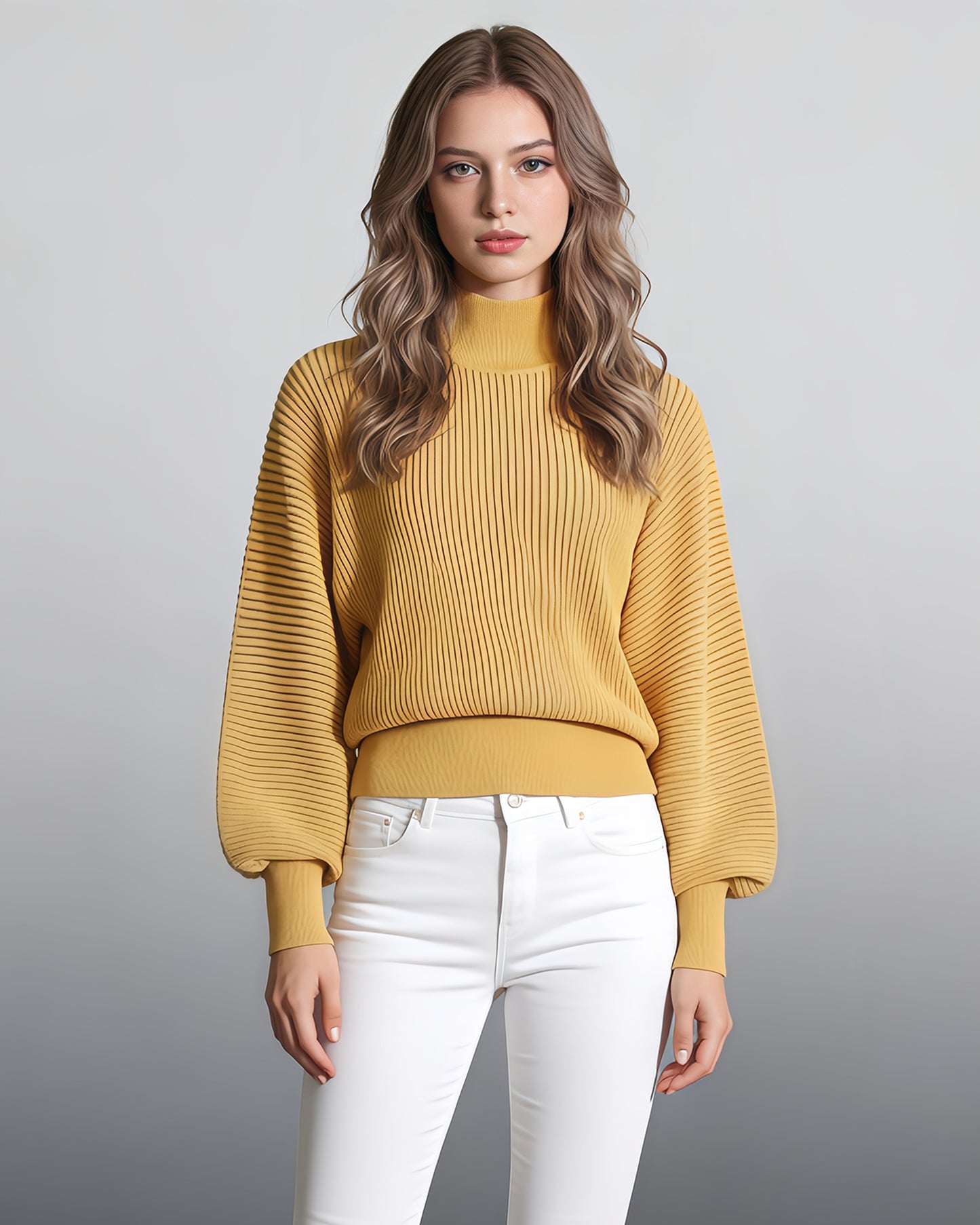 Yellow Ribbed Turtleneck Sweater with Puff Sleeves