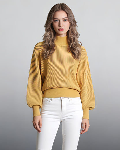 Yellow Ribbed Turtleneck Sweater with Puff Sleeves