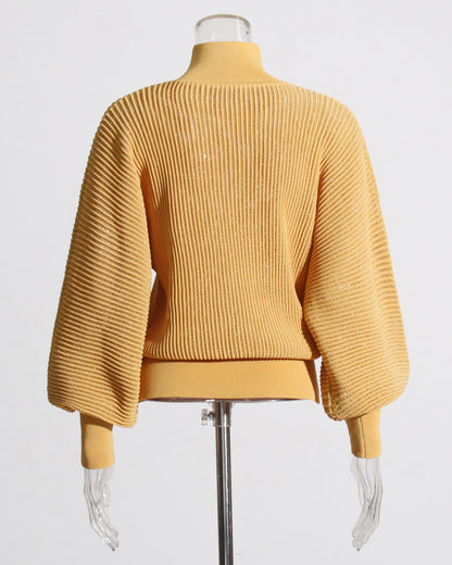 Yellow Ribbed Turtleneck Sweater with Puff Sleeves