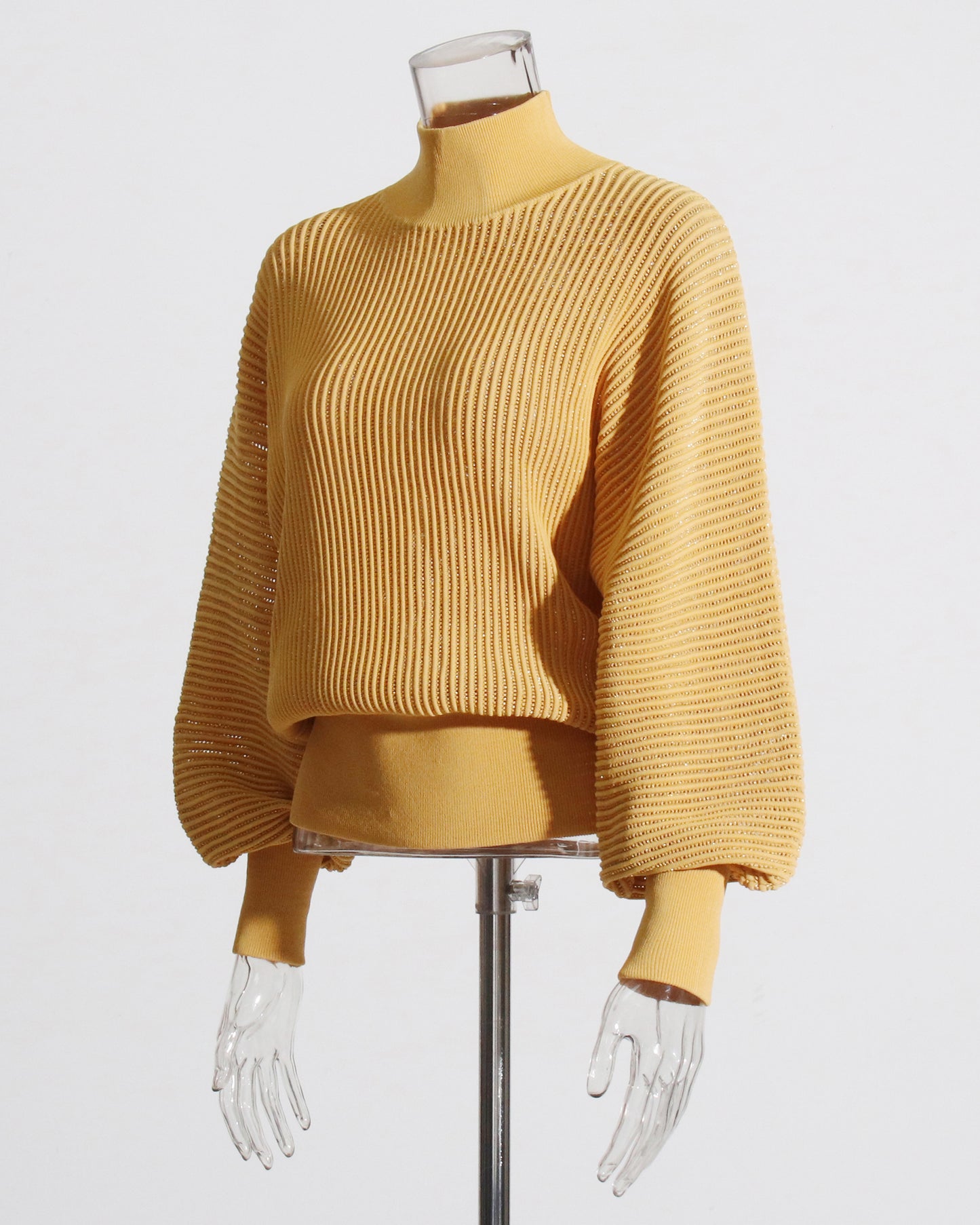 Yellow Ribbed Turtleneck Sweater with Puff Sleeves