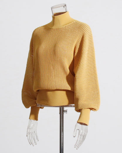 Yellow Ribbed Turtleneck Sweater with Puff Sleeves