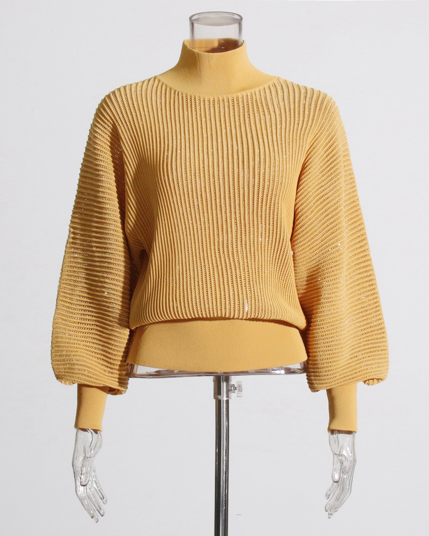 Yellow Ribbed Turtleneck Sweater with Puff Sleeves