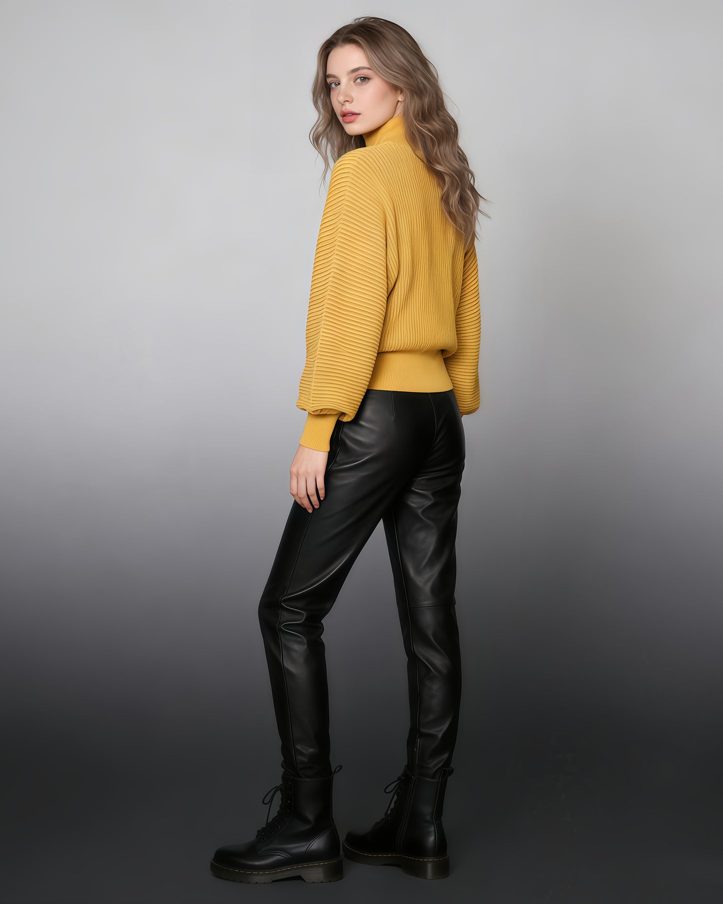 Yellow Ribbed Turtleneck Sweater with Puff Sleeves