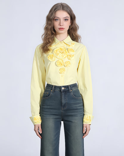 Yellow Rose Applique Button-Down Shirt
