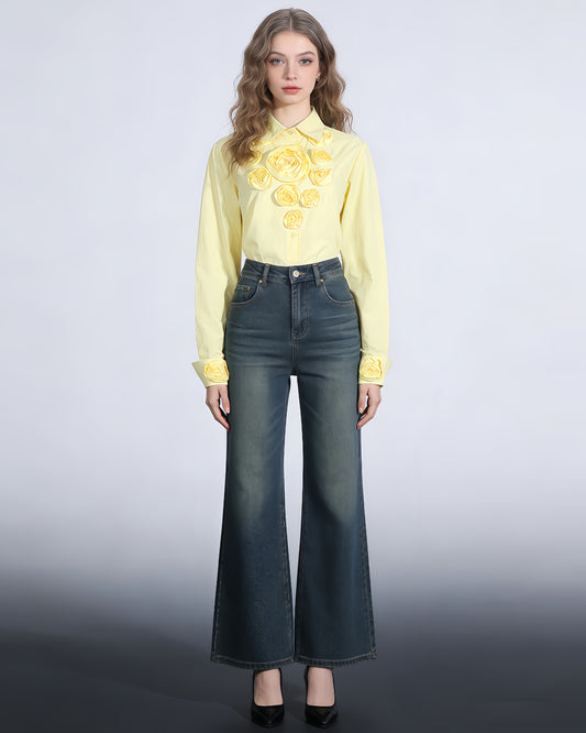 Yellow Rose Applique Button-Down Shirt