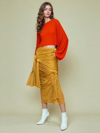 Yellow Ruched Mesh Midi Skirt with Knot & Draped Details