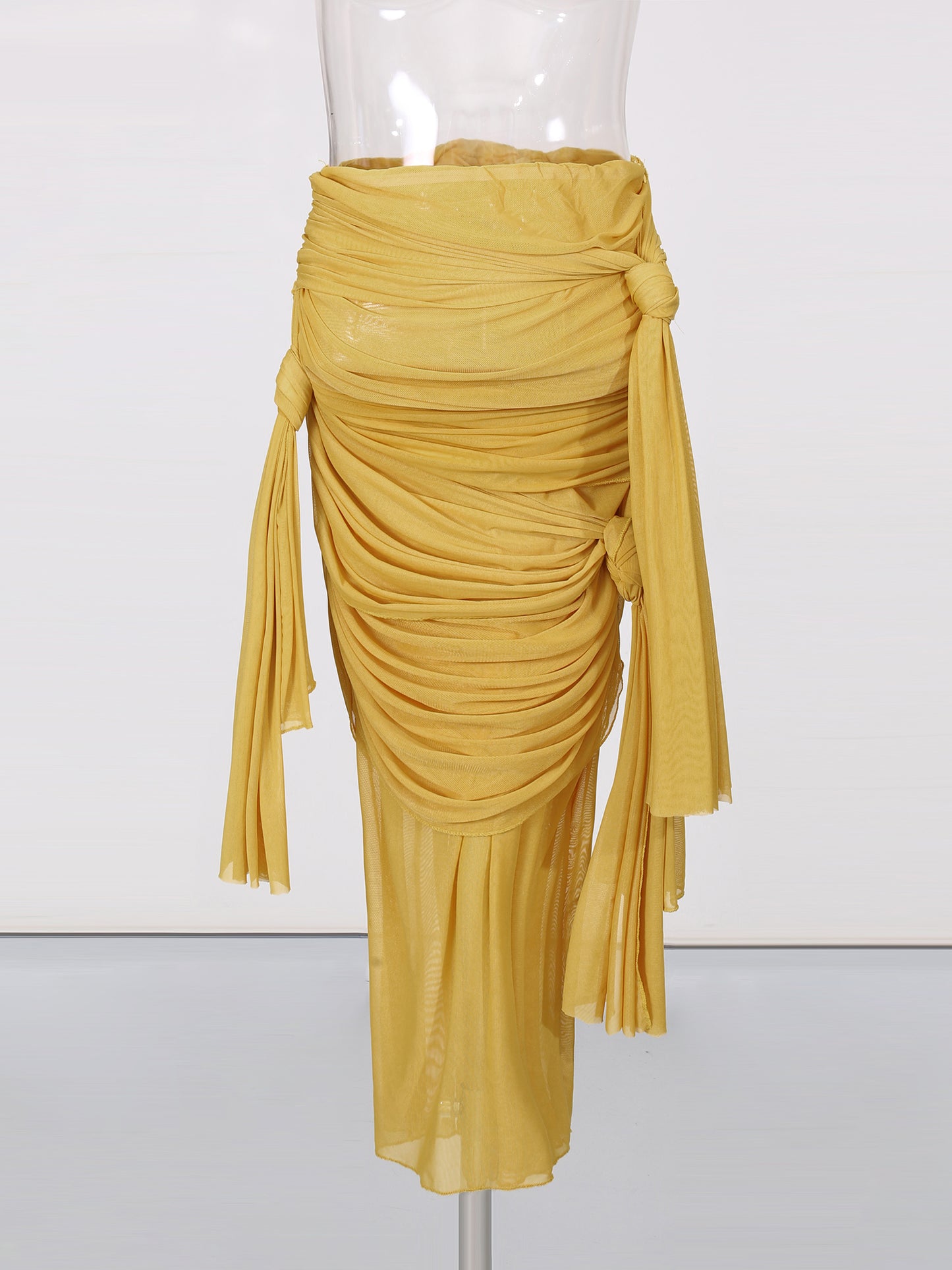 Yellow Ruched Mesh Midi Skirt with Knot & Draped Details