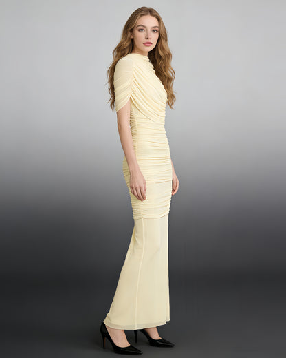 Yellow Ruched Waist Draped Maxi Dress