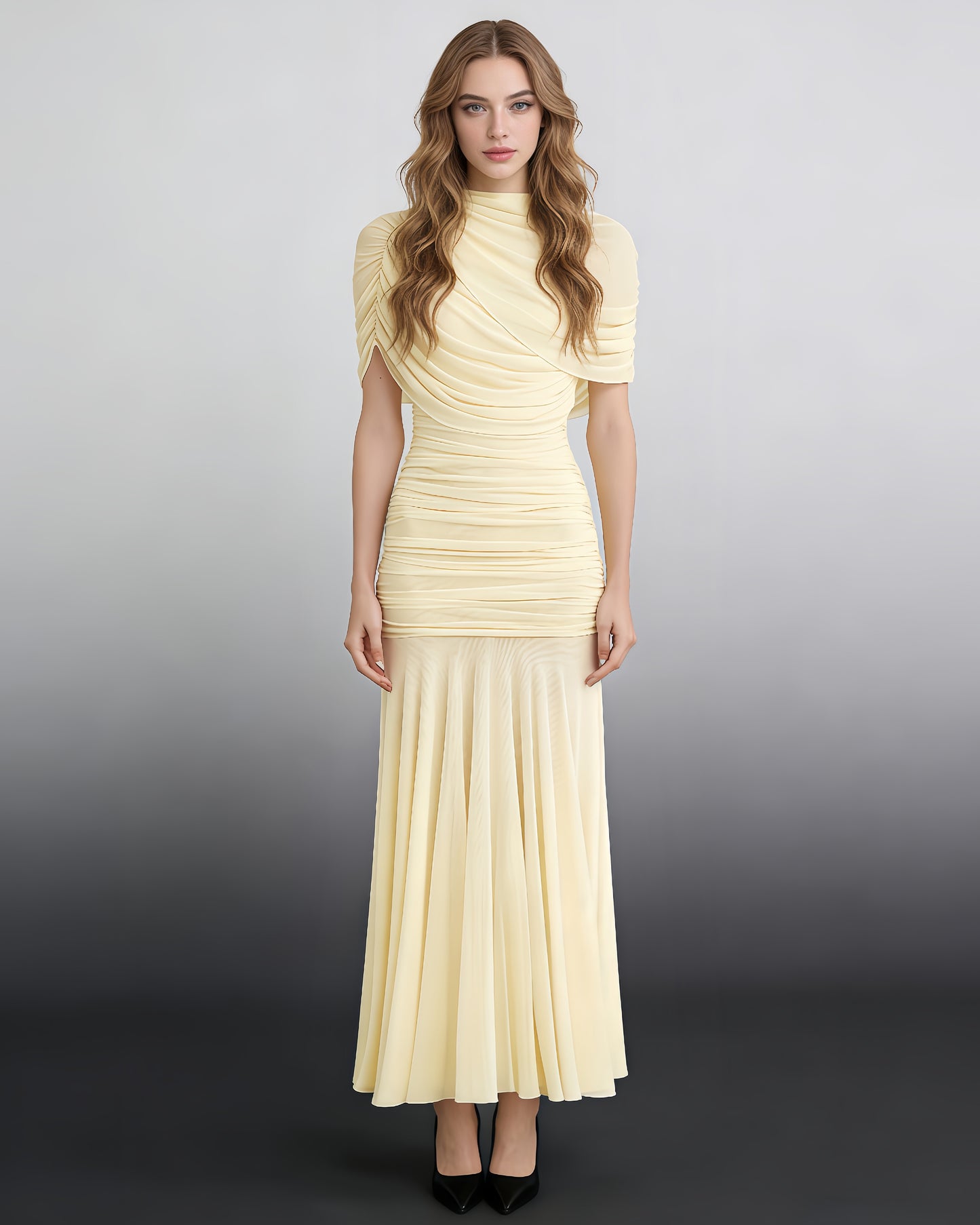 Yellow Ruched Waist Draped Maxi Dress