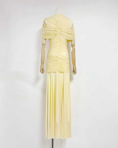 Yellow Ruched Waist Draped Maxi Dress