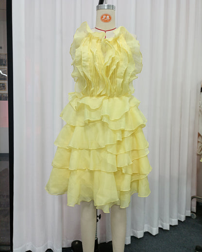 Yellow Ruffle Tiered Chiffon Halter Mini Dress