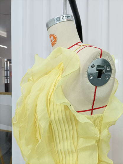 Yellow Ruffle Tiered Chiffon Halter Mini Dress