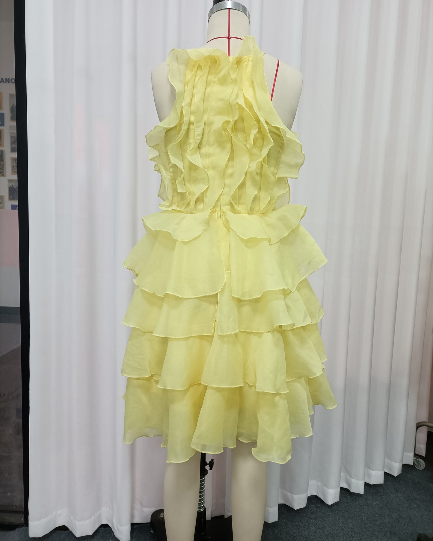 Yellow Ruffle Tiered Chiffon Halter Mini Dress