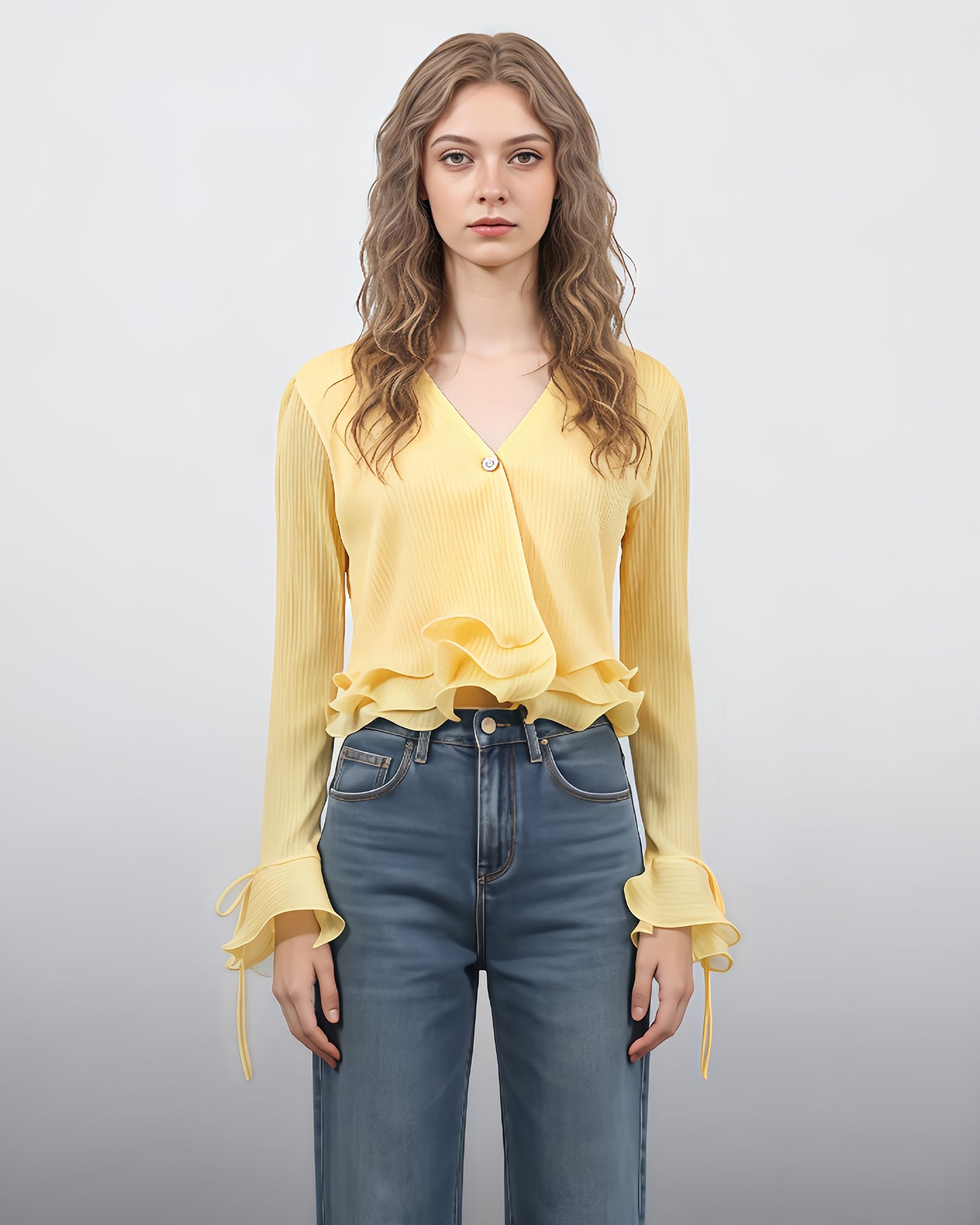 Yellow Ruffled Plisse V-Neck Blouse
