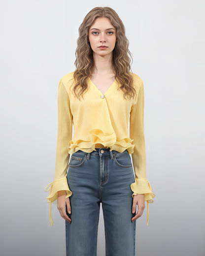 Yellow Ruffled Plisse V-Neck Blouse