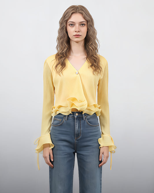 Yellow Ruffled Plisse V-Neck Blouse