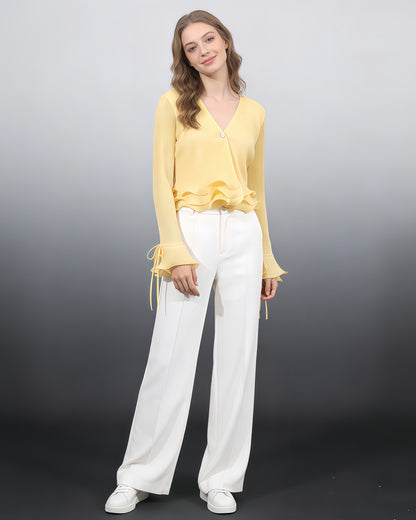 Yellow Ruffled Plisse V-Neck Blouse