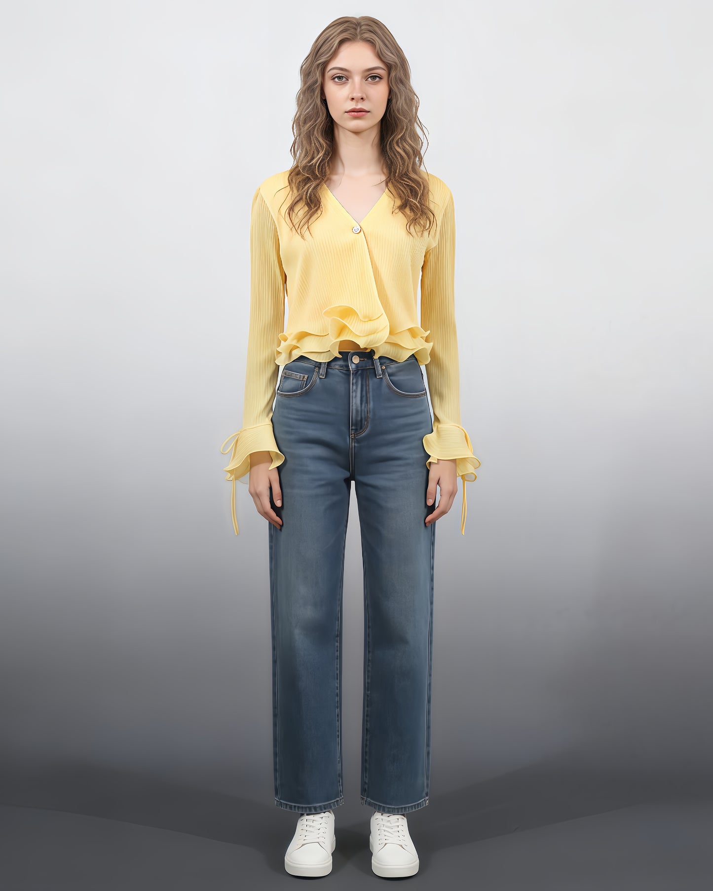 Yellow Ruffled Plisse V-Neck Blouse