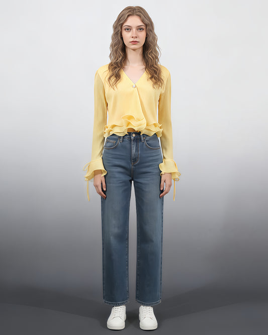 Yellow Ruffled Plisse V-Neck Blouse