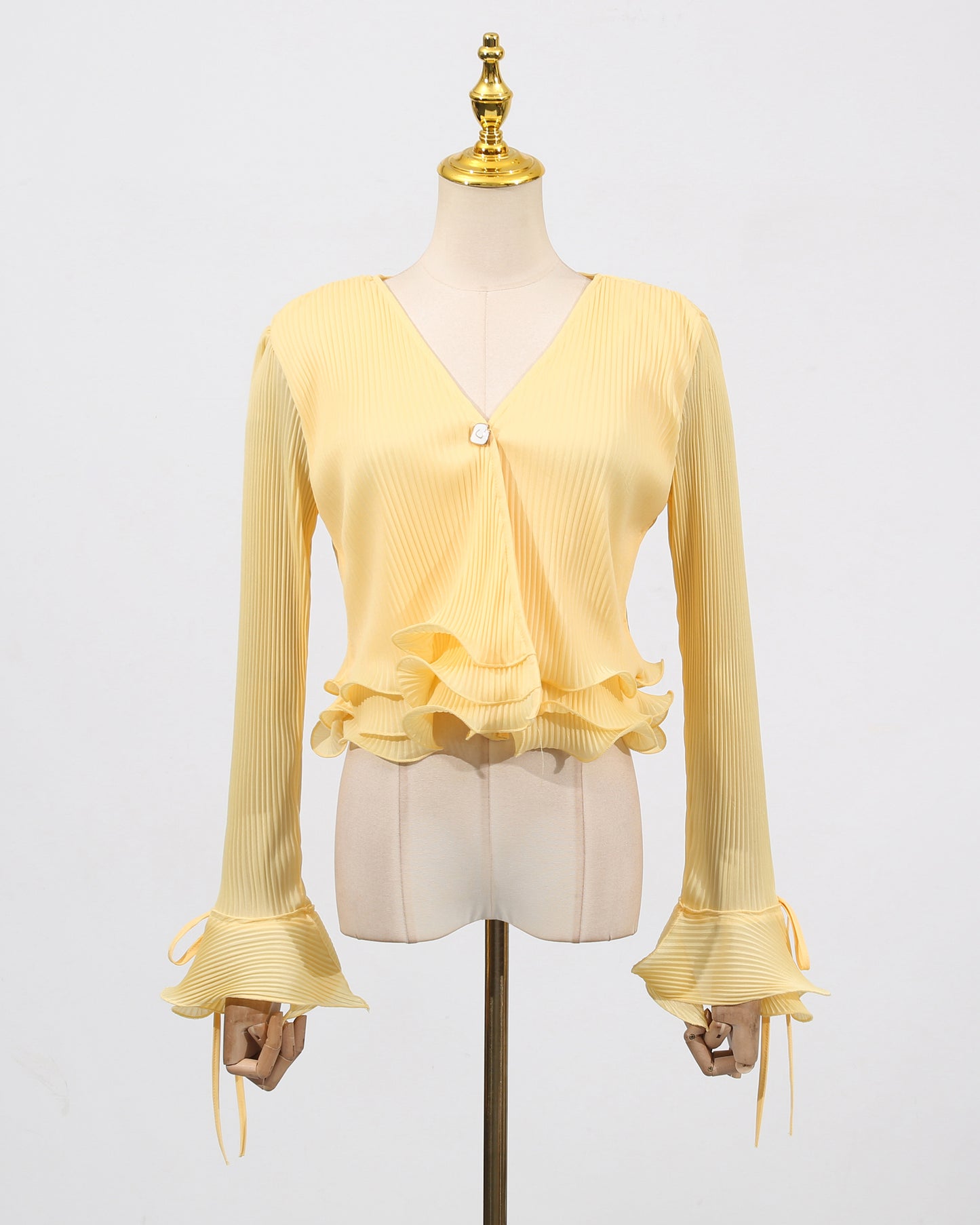 Yellow Ruffled Plisse V-Neck Blouse